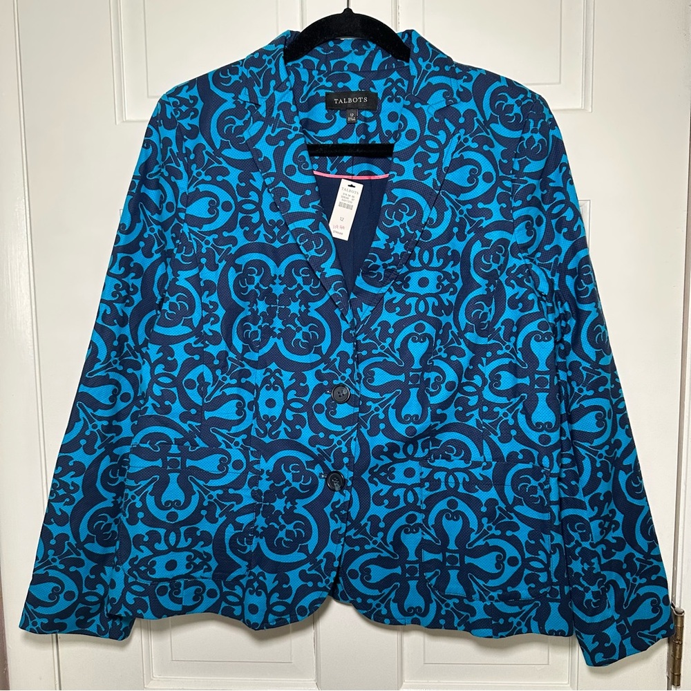 Talbots Bright Blue and Navy Print Cotton Blazer Size 12